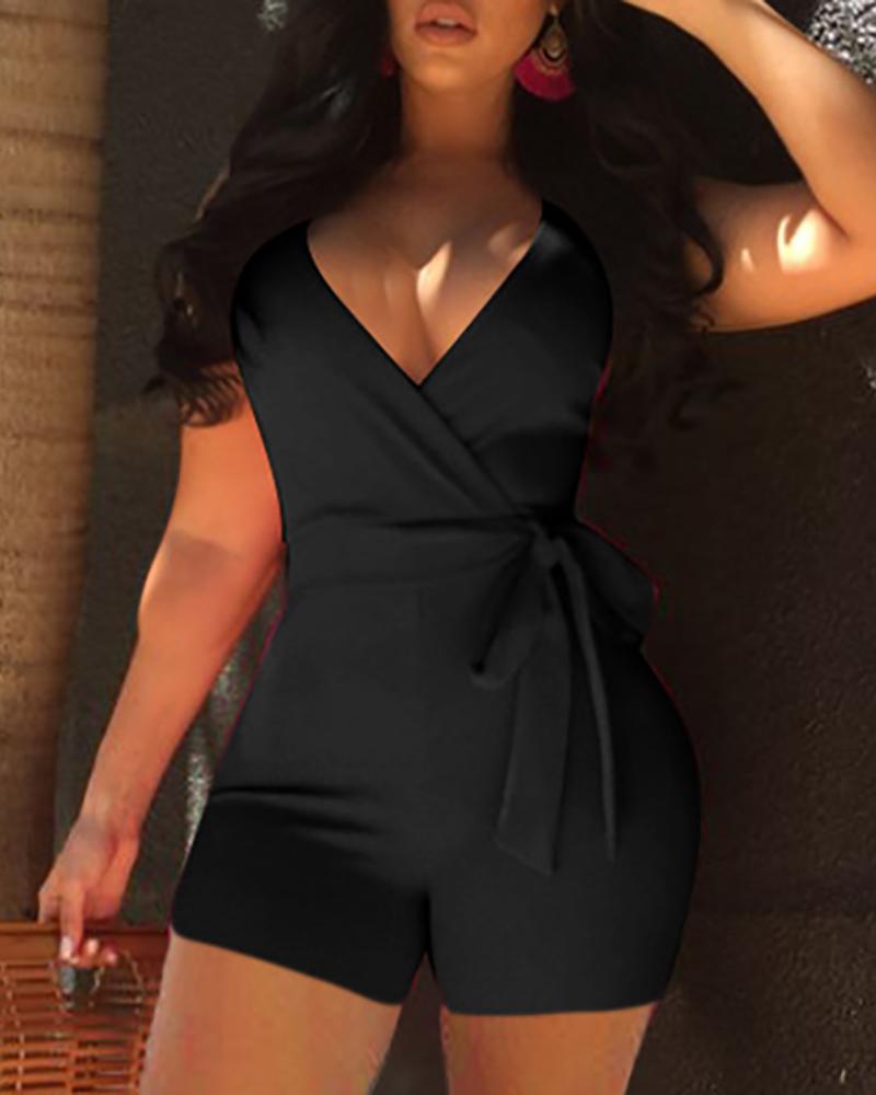 

Solid Color Tie Waist Wrap Romper, Black