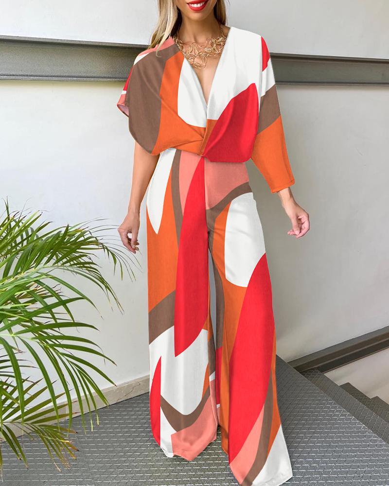 

Geometric Print Asymmetrical Batwing Sleeve Wide Leg Jumpsuit, Multicolor