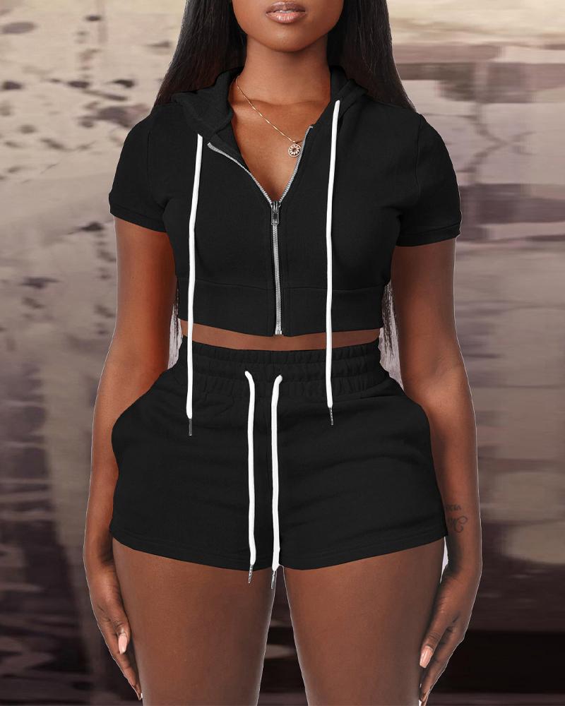 

Zip Up Drawstring Crop Hoodie & Shorts Set, Black