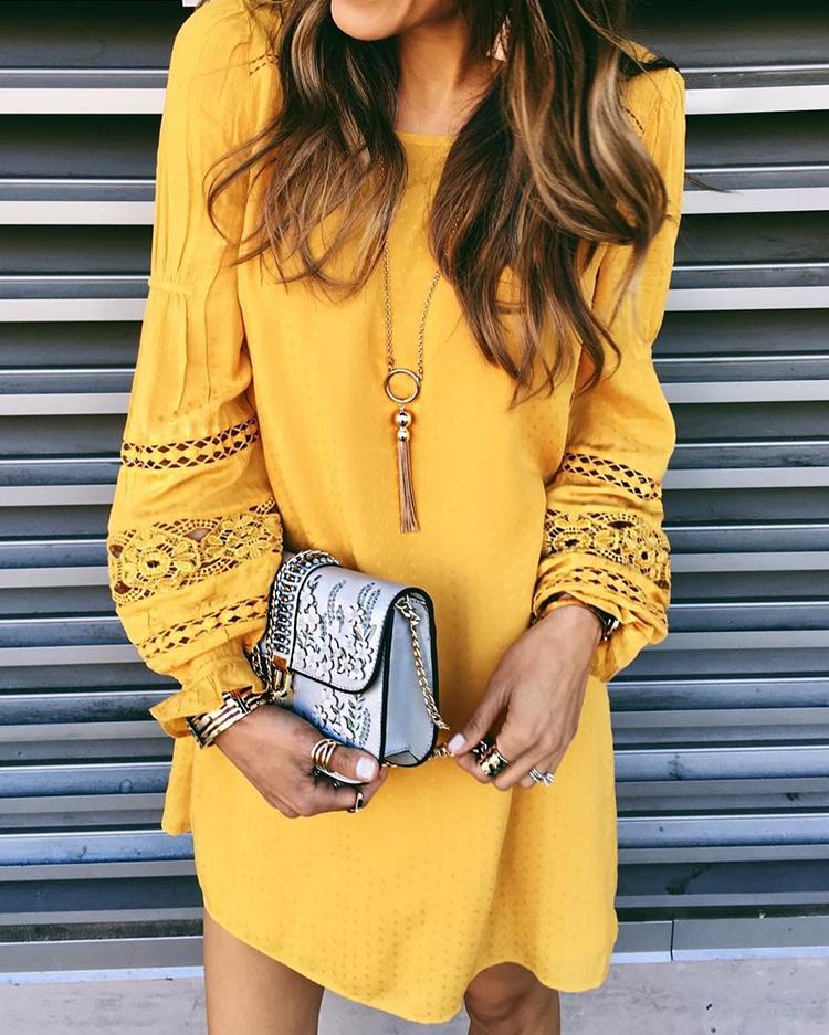 

Ethnic Style Hollow Out Casual Women Dress, Yellow