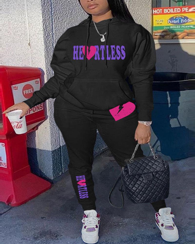 

Plus Size Letter Heart Print Casual Hoodie & Pants Set, Black