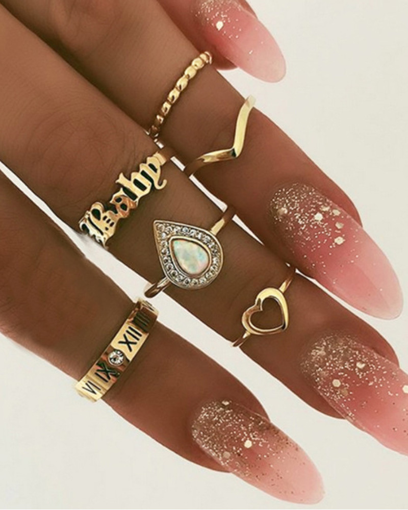 

6PCS/Set Letter Heart Rhinestone Decor Ring, Gold