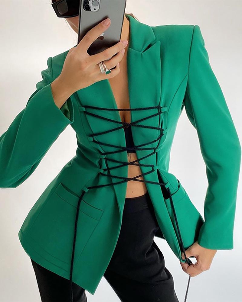 

Lace Up Pocket Decor Long Sleeve Blazer Coat, Green