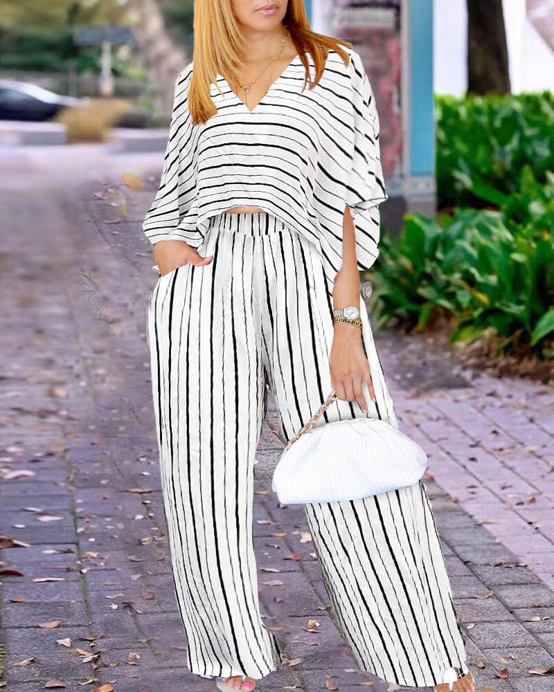 

Striped Print Dip Hem Casual Top & Wide Leg Pants Set, Blackwhite