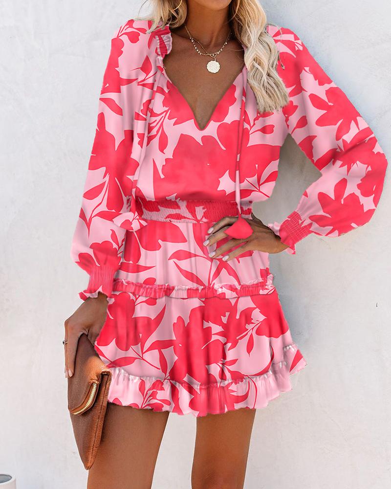 

Plants Print Ruffle Hem Shirred Waist Casual Dress, Pink