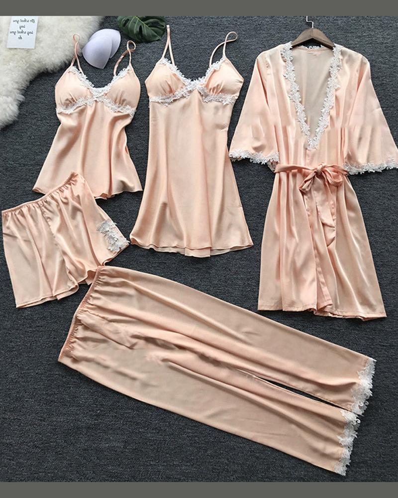 

Eyelash Lace Cami & Robe 5PCS Set, Champagne