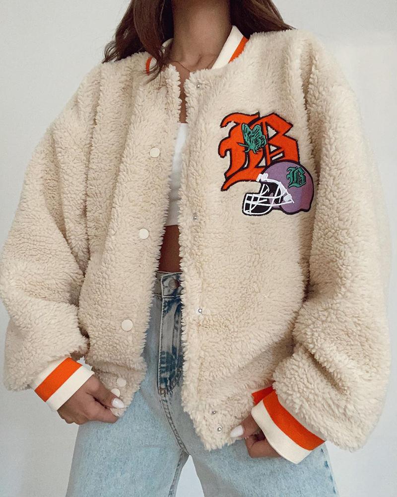 

Graphic Embroidery Colorblock Button Up Teddy Jacket, Orange