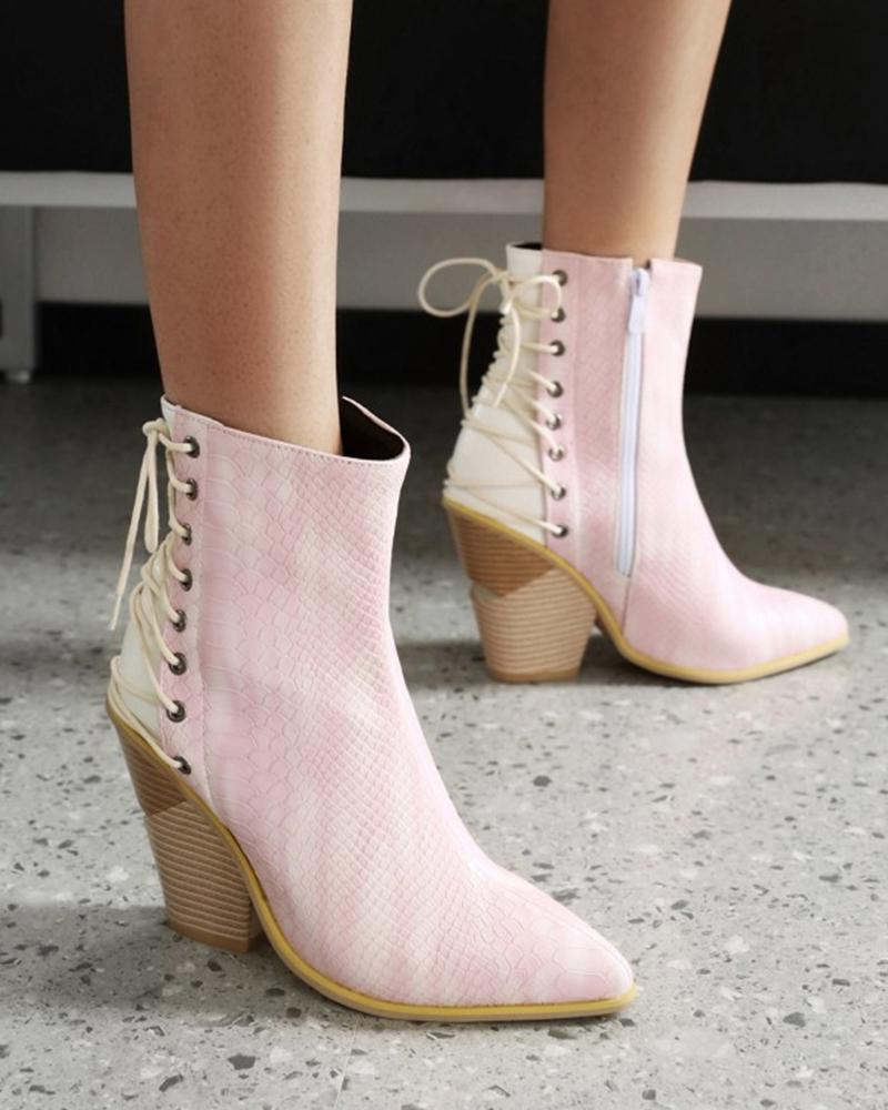 

Womens Chunky Heel Back Lace Up Patchwork Ankle Boots, Pink