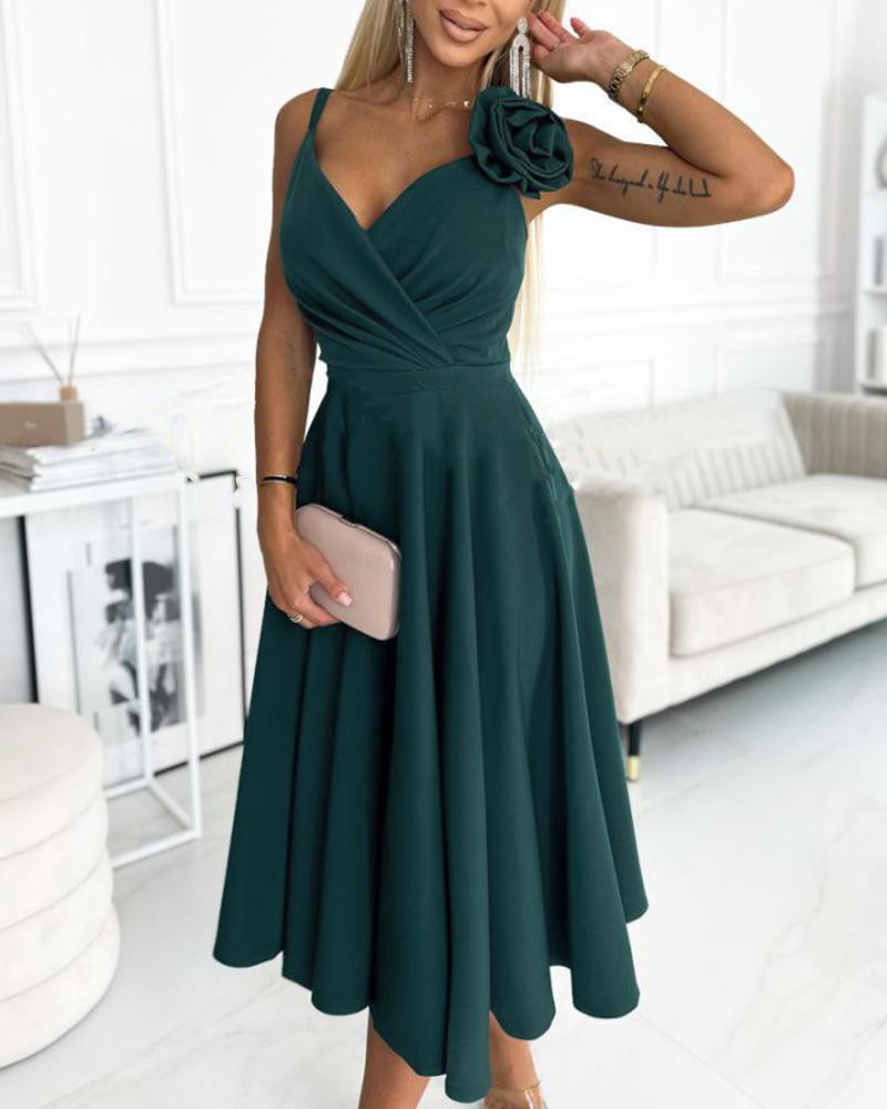 

Rose Detail Spaghetti Strap Party Dress, Dark green