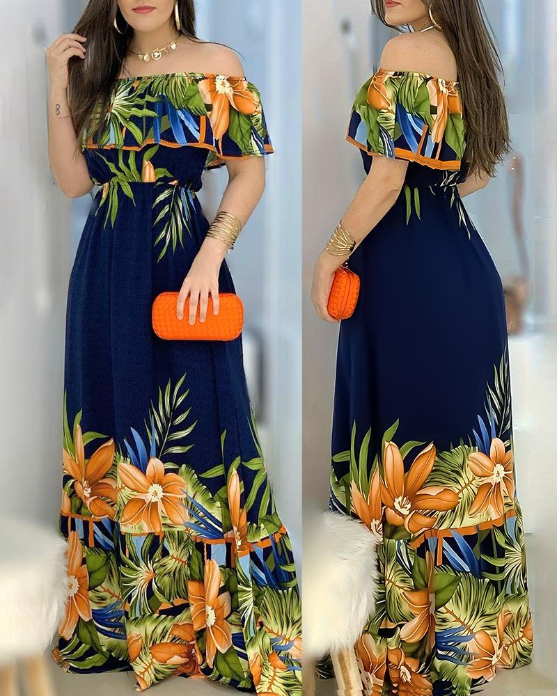 

Off Shoulder Tropical Print Maxi Dress, Purplish blue
