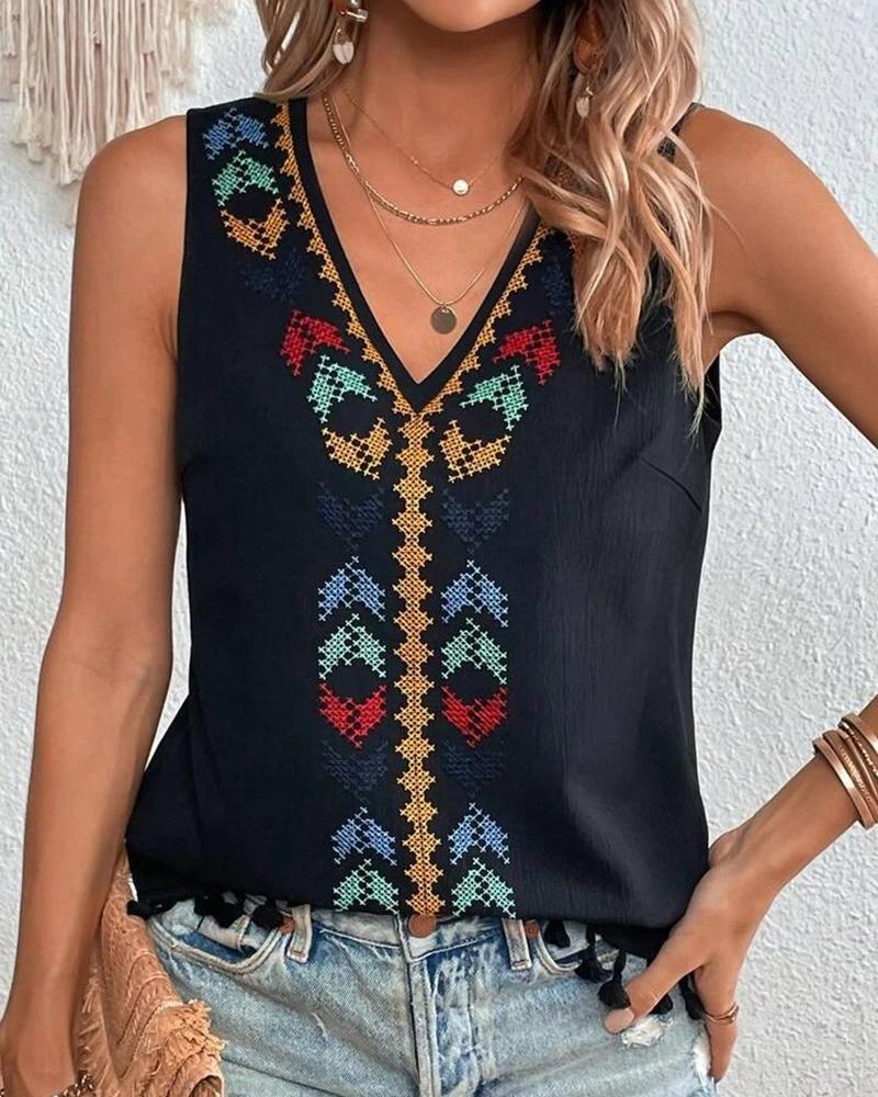 

Tribal Embroidery V-Neck Casual Tank Top, Black