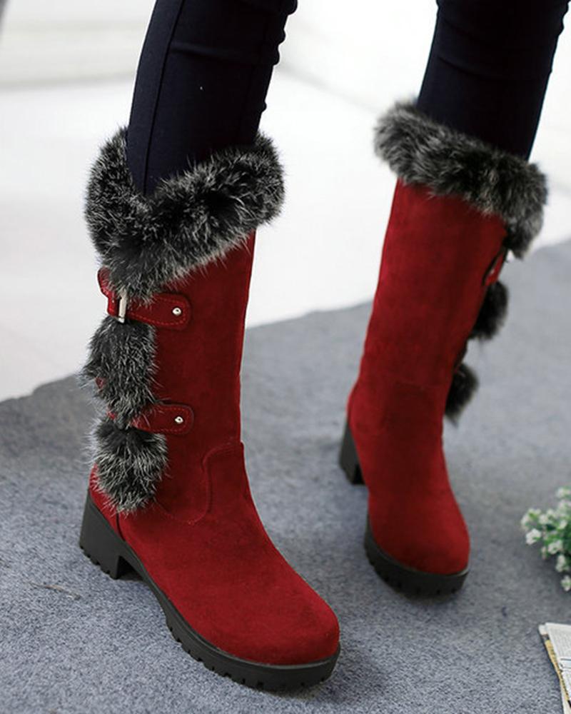 

Fuzzy Detail Buckled Lined Calf Snow Boots, Red