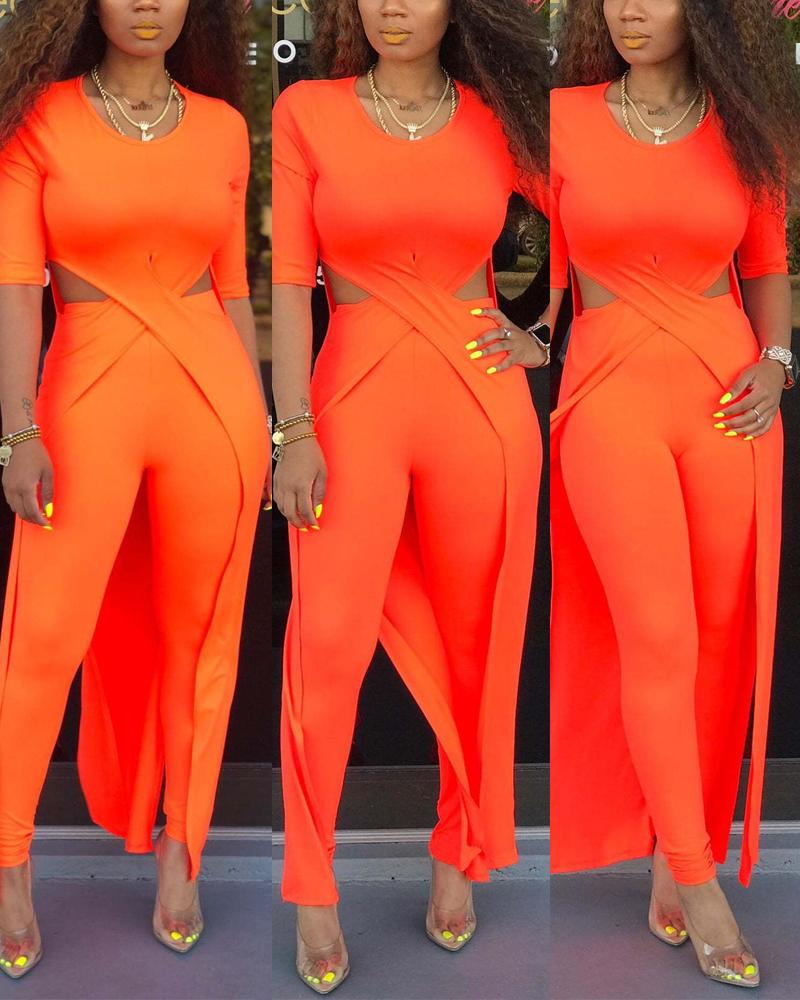 

Cutout Slit Longline Top & Pants Set, Orange