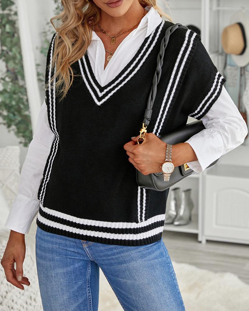 

Striped Pattern V-Neck Short Sleeve Sweater, Black