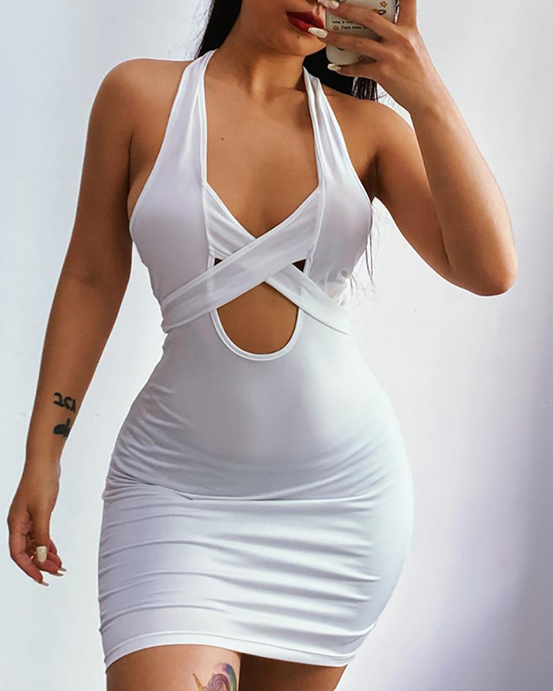 

Halter Backless Cutout Bandage Bodycon Dress, White