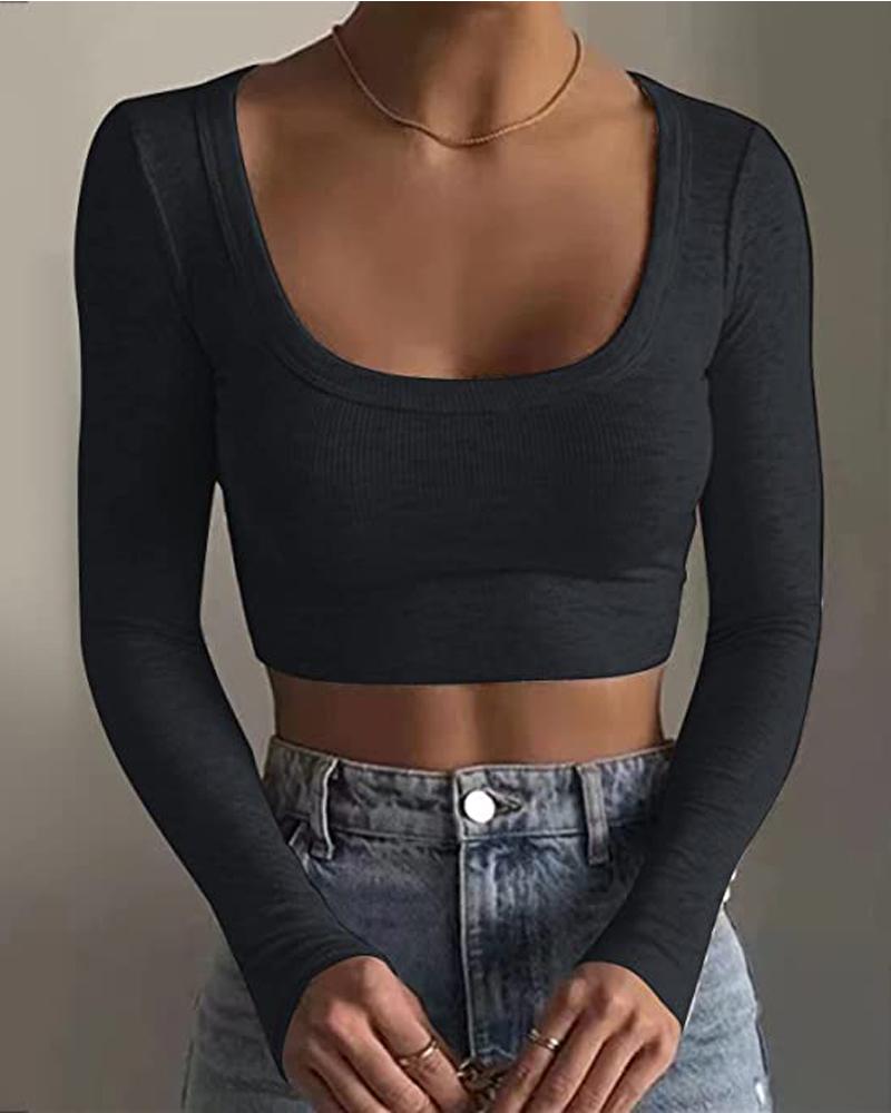 

Long Sleeve U-Neck Crop Top, Black