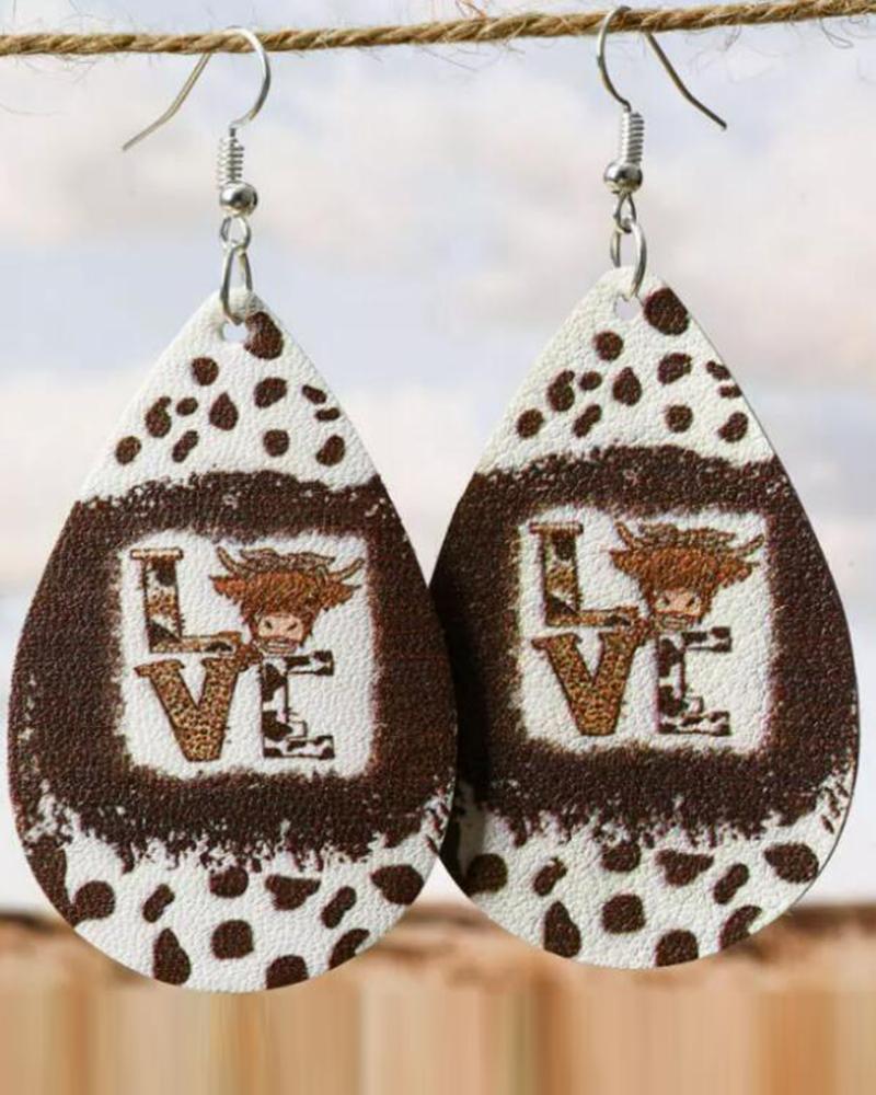 

1Pair Cowboy Style Love Letter Cow Teardrop Earrings, Blackwhite