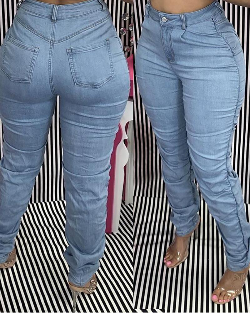 

High Waist Ruched Pocket Design Jeans, Blue