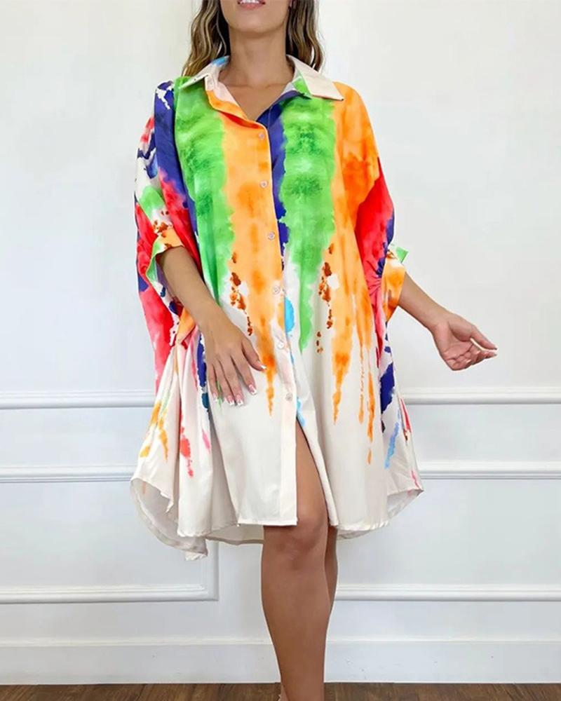 

Tie Dye Print Buttoned Slit Shirt Dress, Orange