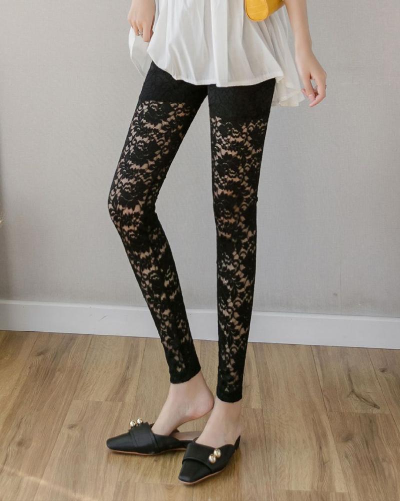 

Floral Lace High Waist Skinny Pants, Black