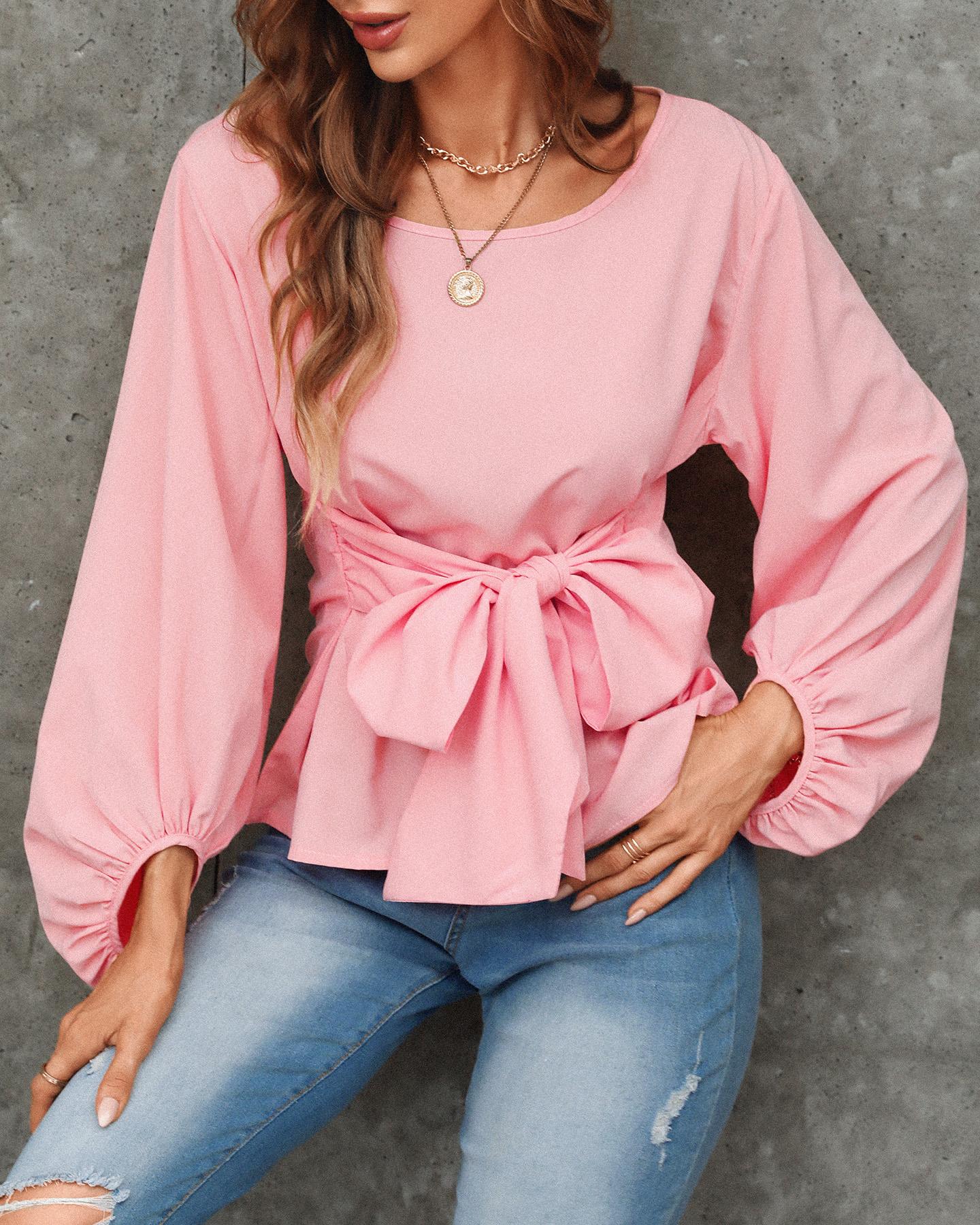 

Round Neck Bow Tie Blouse, Pink