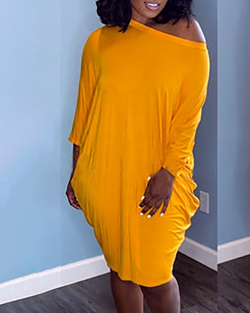 

Ruched Plain Casual T-shirt Dress, Dark yellow