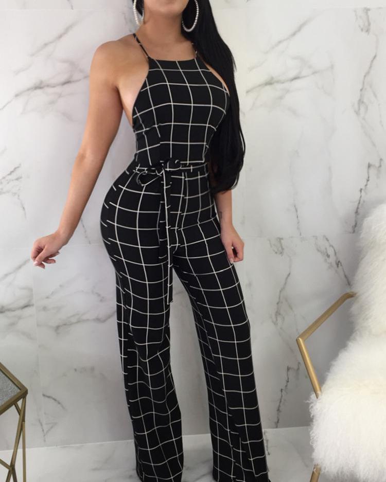

Grid Crisscross Back Tied Waist Flared Jumpsuit, Black