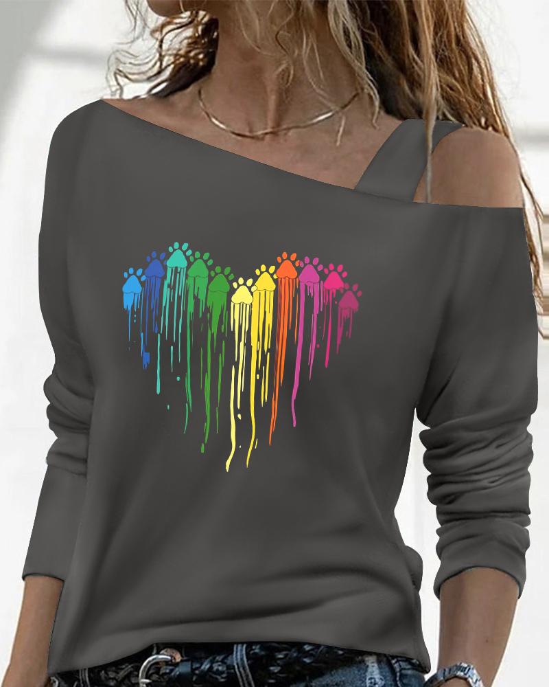 

Valentine' Day Heart Print Cold Shoulder Top, Gray