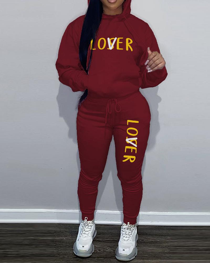 

Letter Print Long Sleeve Hoodie & Drawstring Pants Set, Wine red