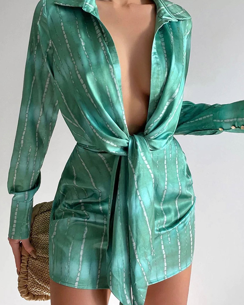 

Striped Long Sleeve Tied Detail Shirt Dress, Green