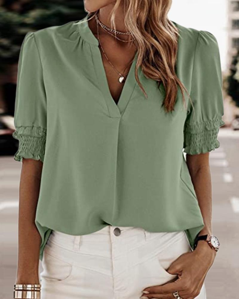 

Plain Shirred Puff Sleeve Top, Light green