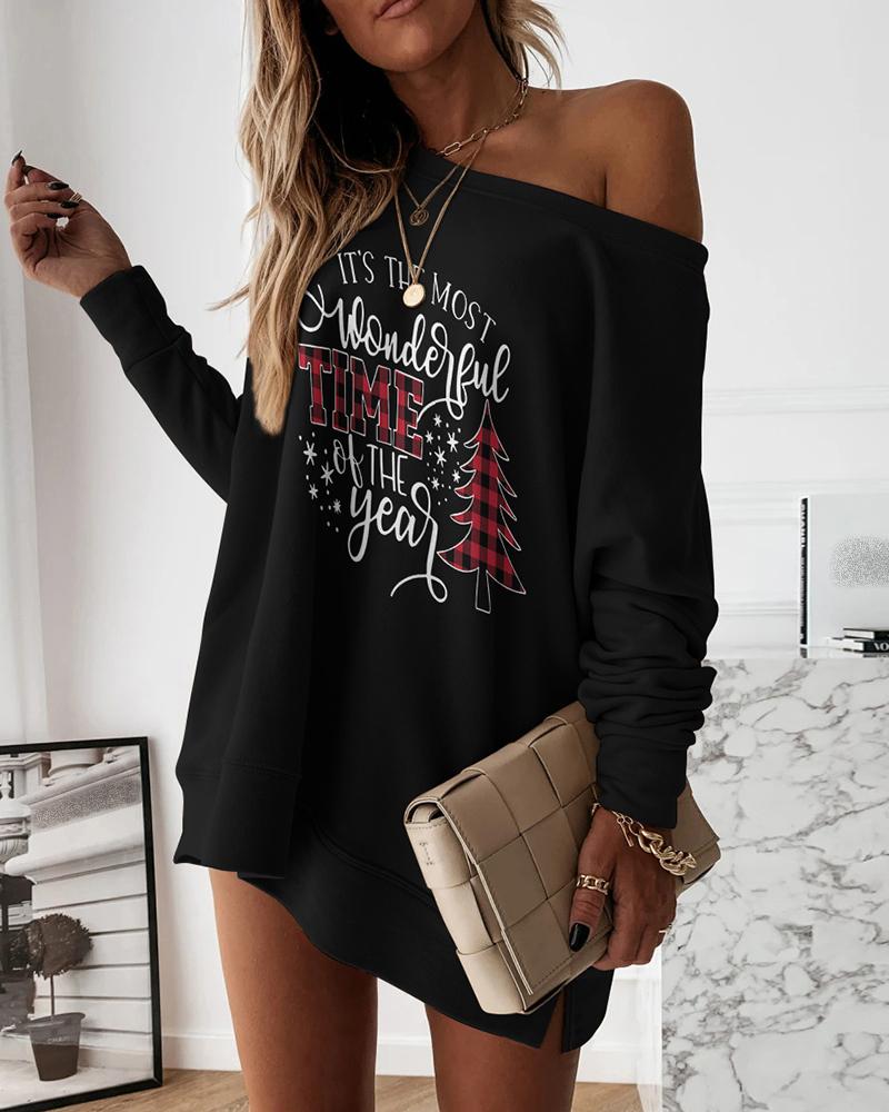 

Christmas Letter Tree Print Sweatshirt Dress, Black
