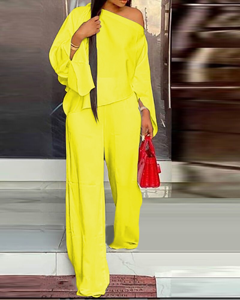 

Skew Neck Top & Wide Leg Pants Set, Yellow
