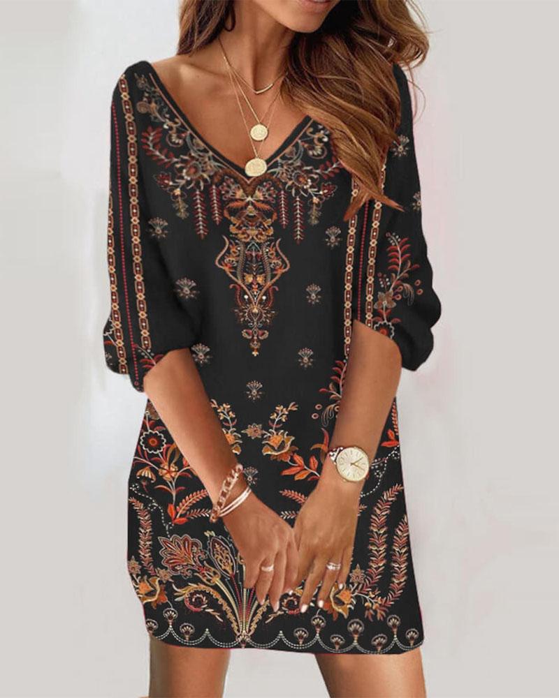 

Vintage Tribal Print V-Neck Casual Dress, Black