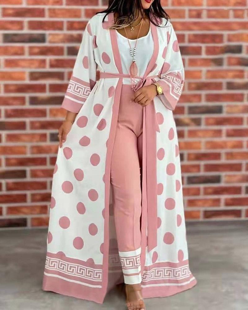 

Plus Size Tank Top & Pants Set With Polka Dot Print Cardigan, Light pink