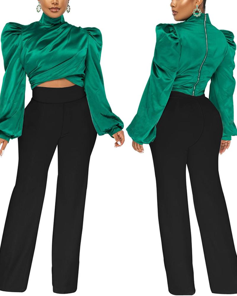 

Puff Sleeve Ruched Top & Wide Leg Pants Set, Green