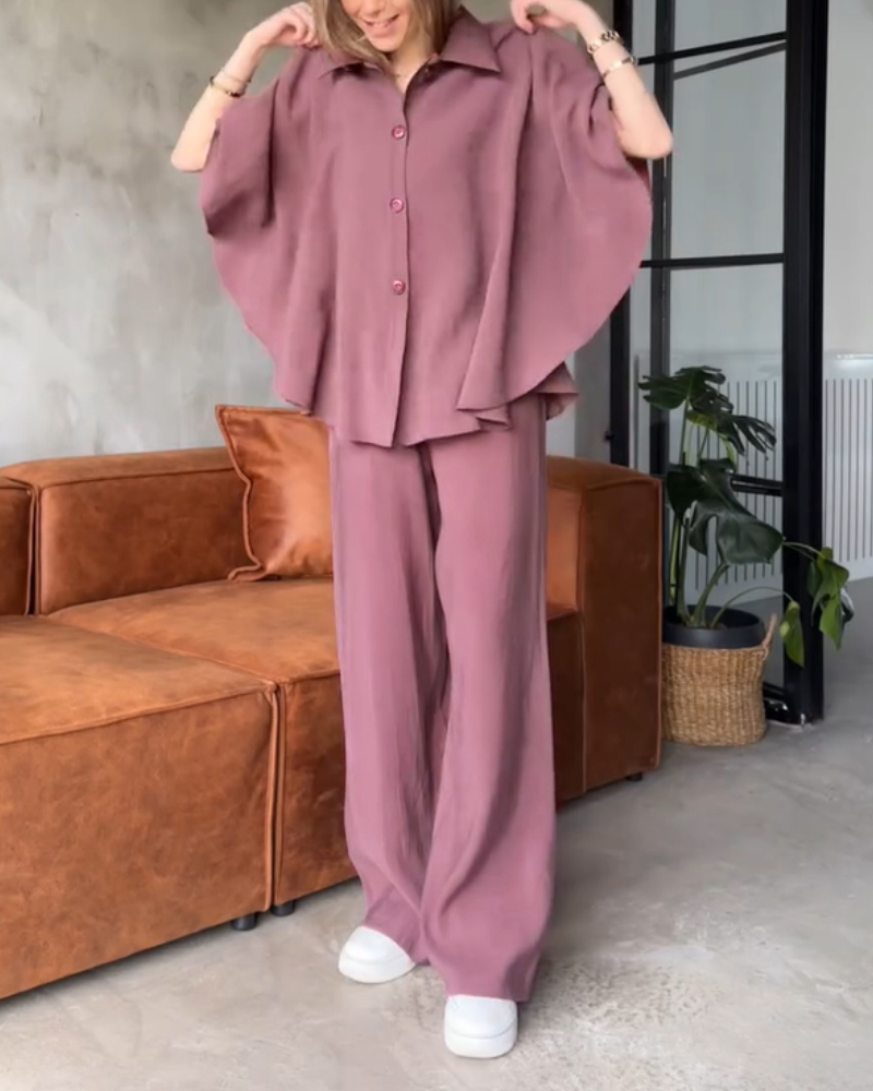 

2 Pieces Outfit Turn-down Collar Batwing Sleeve Button Front Top and Elastic Back Waist Wide Leg Pants Set Casual Textured Set, Pink