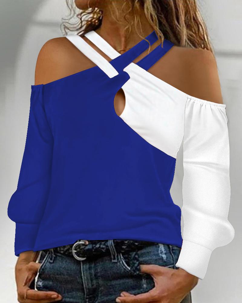 

Colorblock Crisscross Cold Shoulder Top, Blue