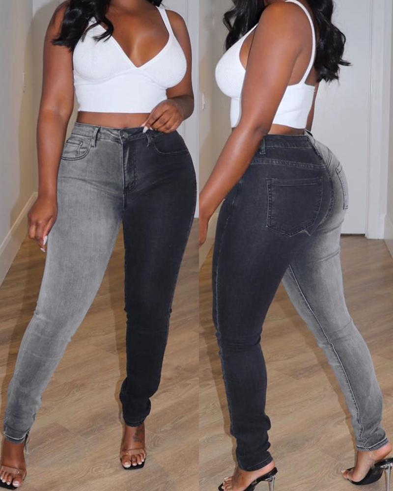 

Colorblock High Waist Pocket Design Jeans, Black