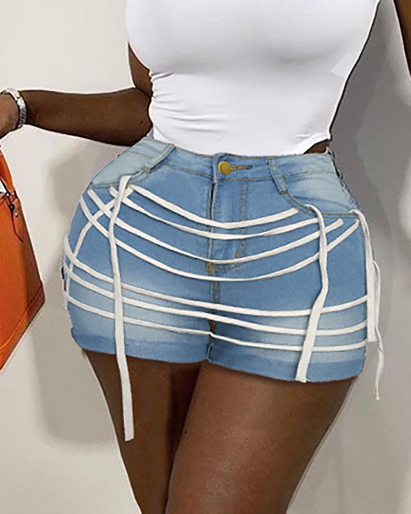

High Waist Strappy Denim Shorts, Blue