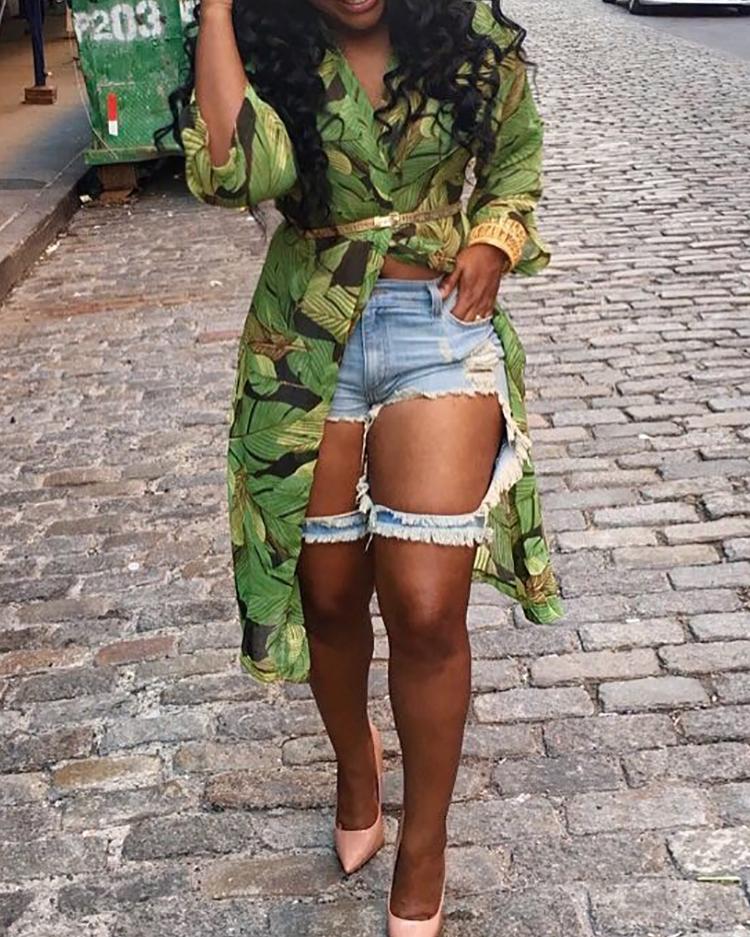 

Stylish Open Front Floral Print Long Blouse, Green
