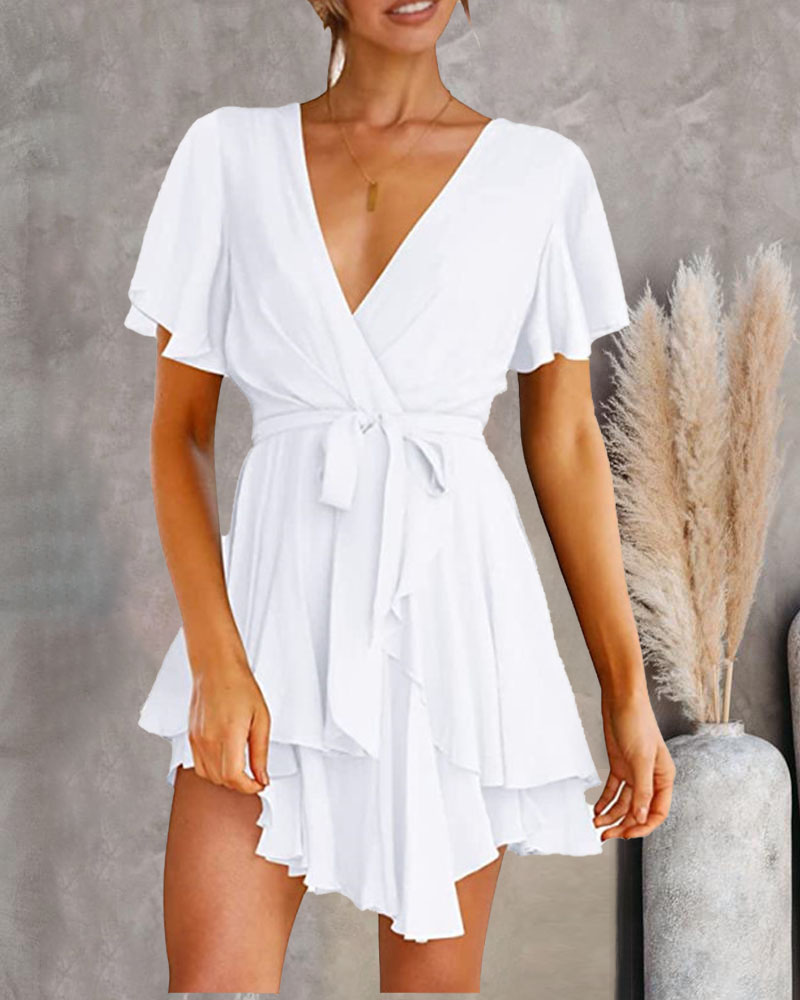 

Overlap Collar Ruffle Hem Belted Casual Dress, White