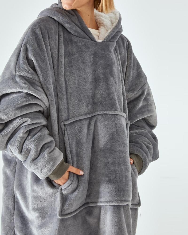 

Warm Fleece Lined Fluffy Oversized Wearable Blanket Hoodie, Gray