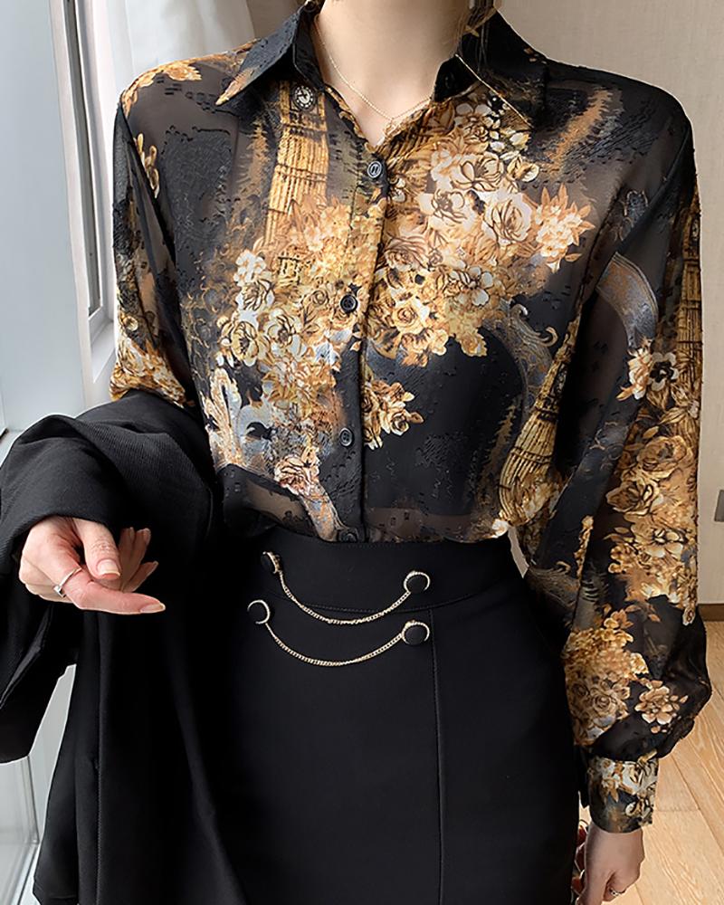 

Floral Print Embroidery Button Decor Lantern Sleeve Work Top, Black