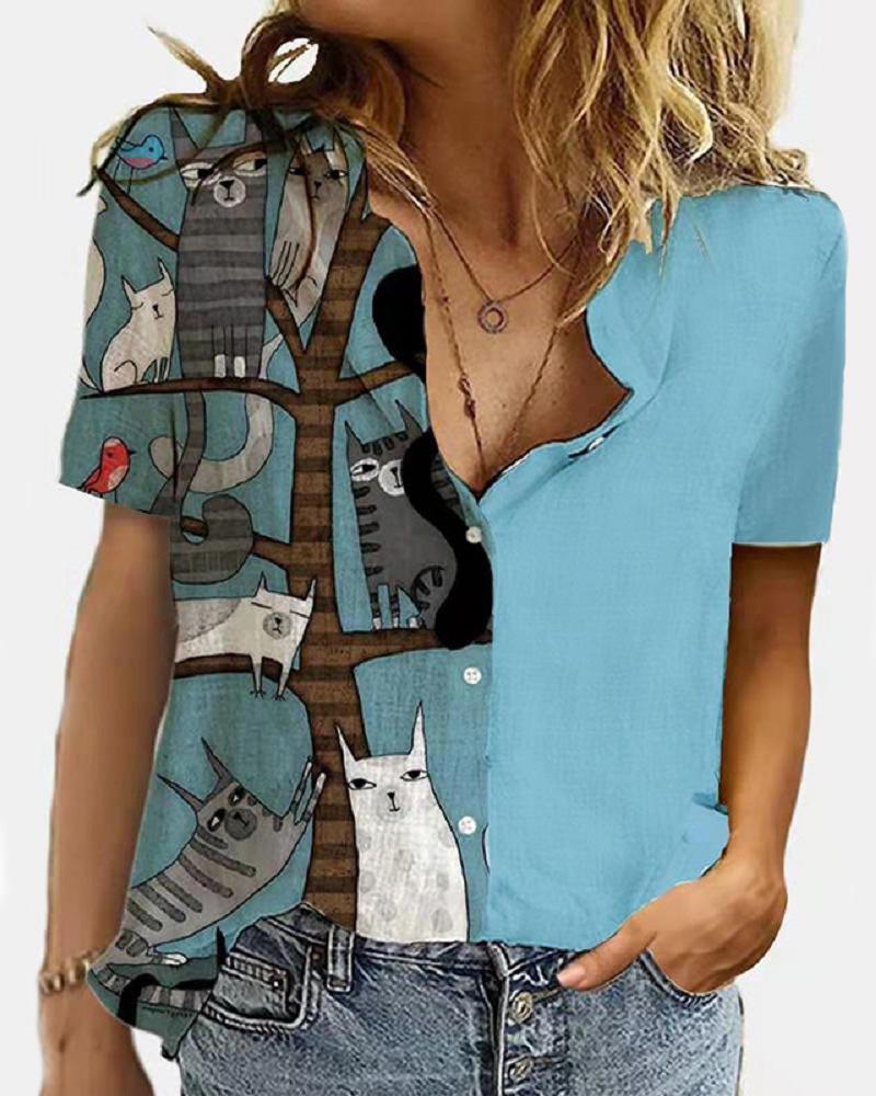 

Cat Print Colorblock Button Front Top, Blue