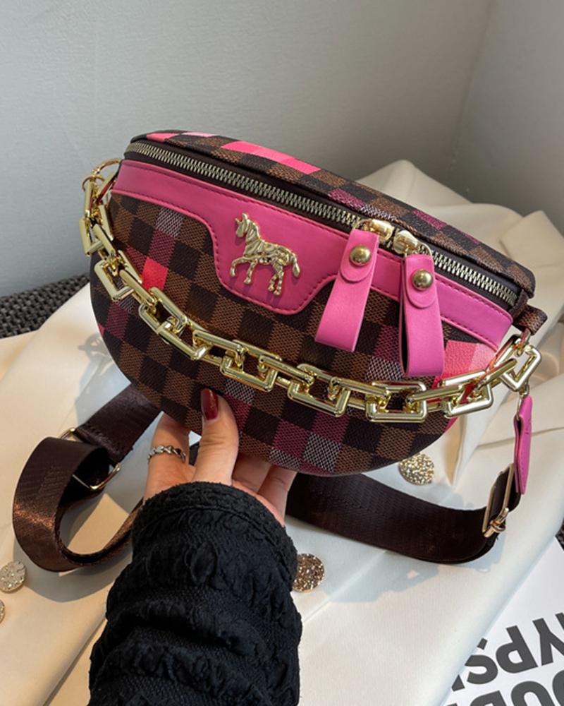 

Plaid Horse Pattern Chain Decor Shoulder Crossbody Bag, Hot pink