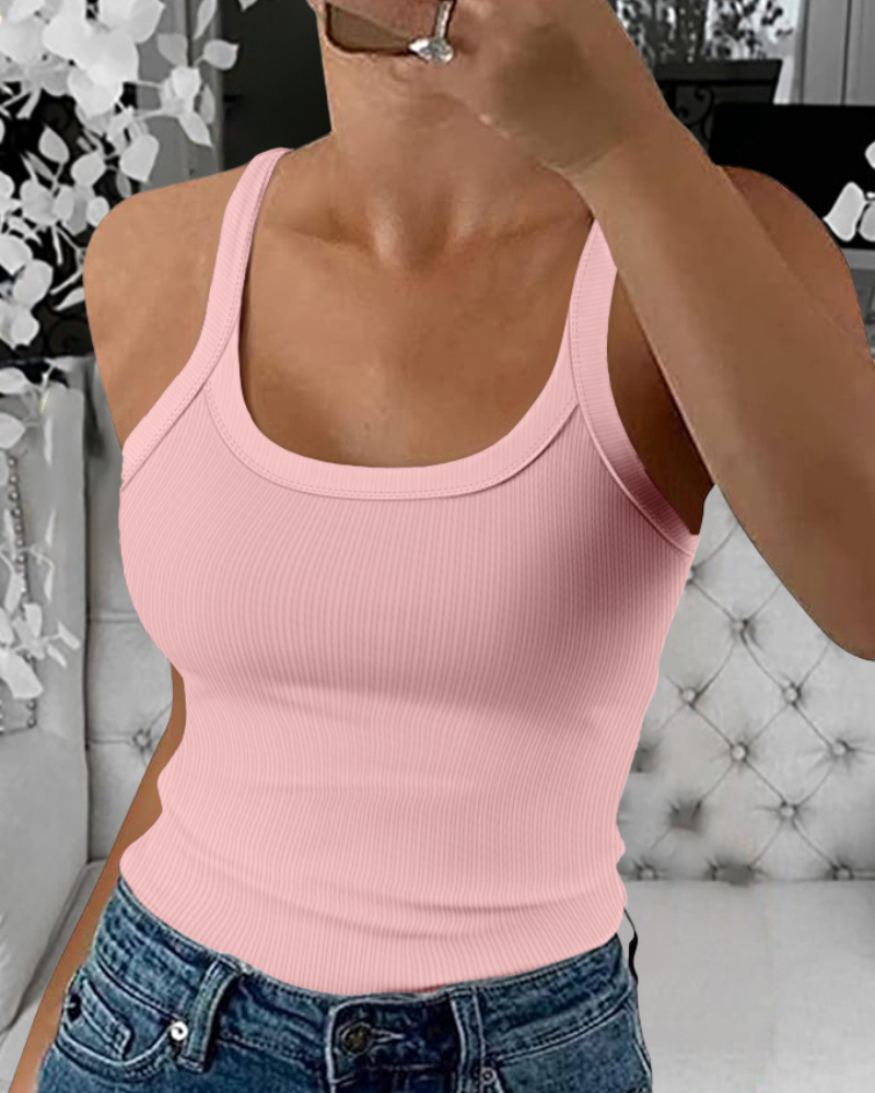 

Scoop Neck Spaghetti Strap Ribbed Top Casual Sleeveless Slim Fit Tank, Pink