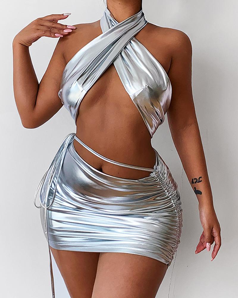 

Metallic Halter Tied Detail Crop Top & Ruched Skirt Set, Silver