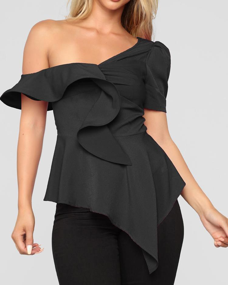 

One Shoulder Ruffles Design Top, Black