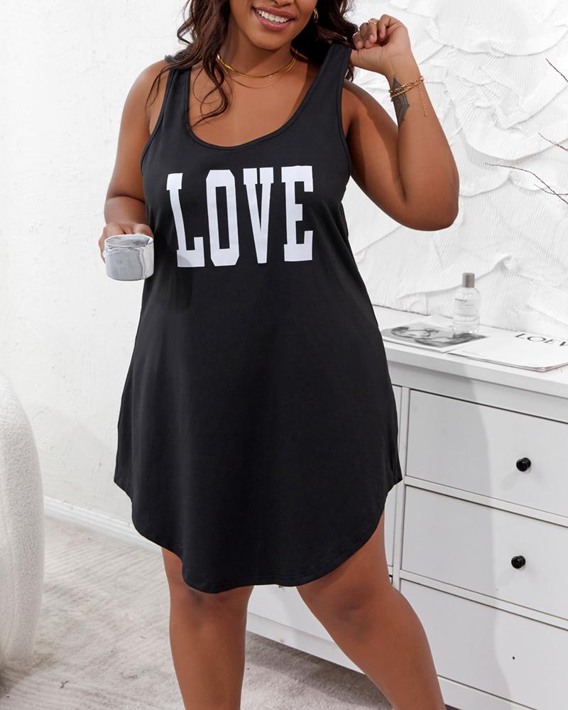 

Plus Size Letter Print U-Neck Sleep Dress, Black